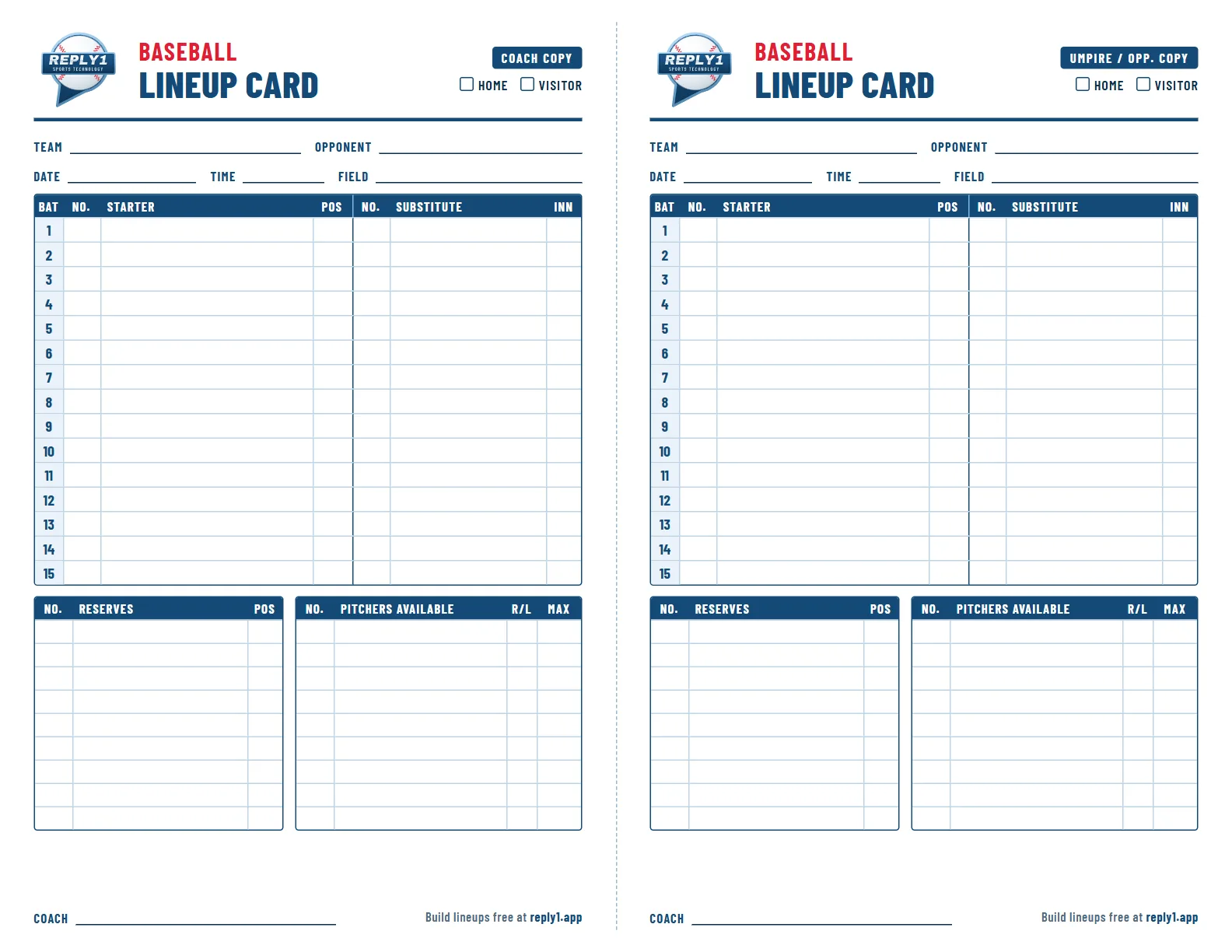 Baseball lineup card without a line score: two copies side by side with a 15-row batting order and nine reserve and pitcher rows