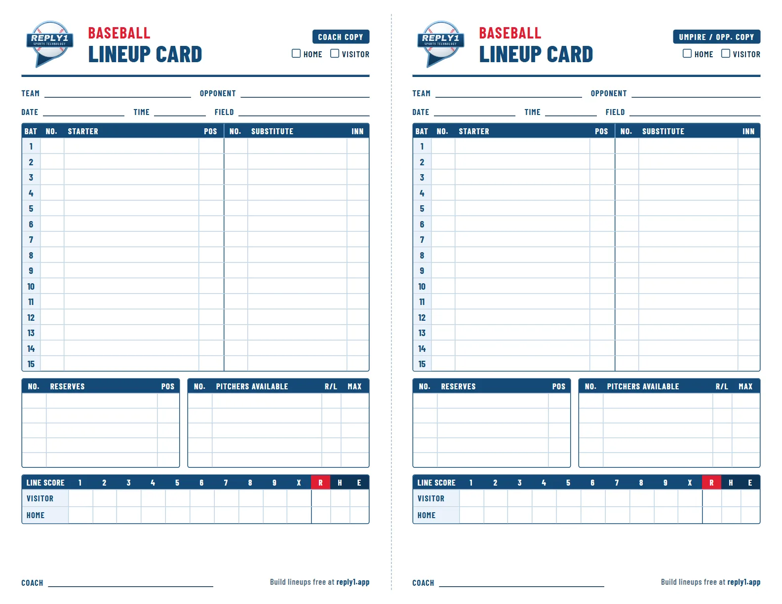 Baseball lineup card: two copies side by side with a 15-row batting order, reserves, pitchers available and a nine-inning line score