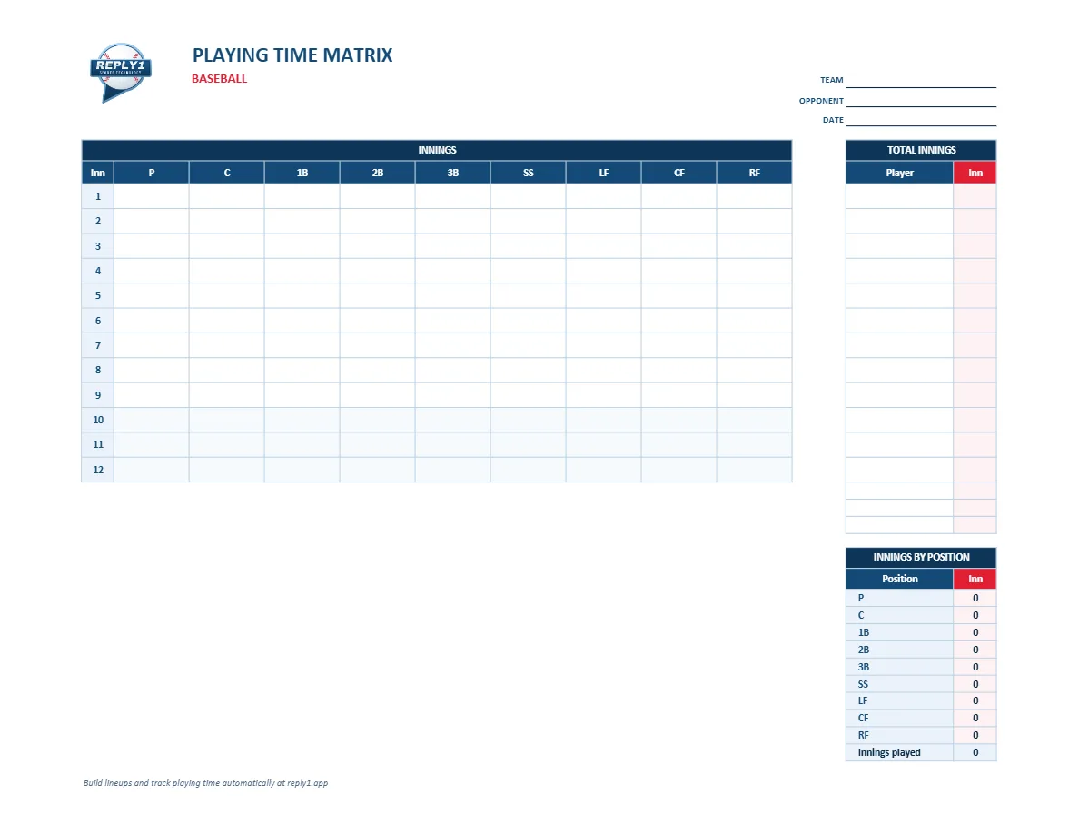 Baseball playing time matrix workbook: the Playing Time sheet with its innings grid, total innings list and innings by position
