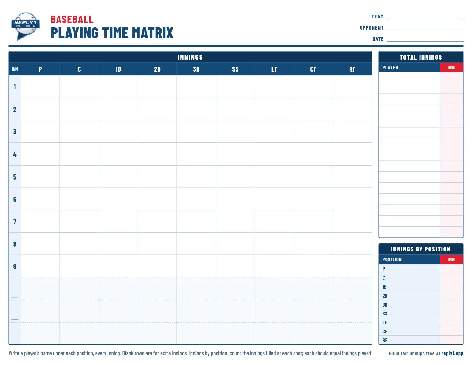 Baseball playing time matrix: an innings-by-positions grid with a total-innings list and an innings-by-position tally