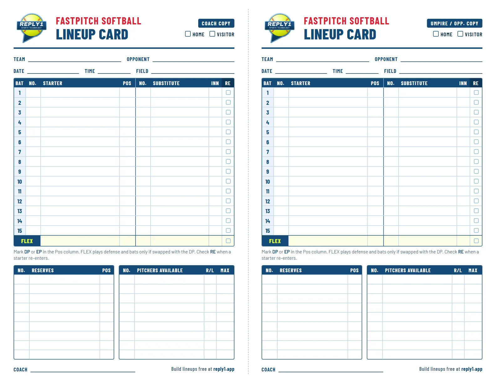Fastpitch softball lineup card without a line score: two copies side by side with a 15-row batting order, FLEX row and nine reserve and pitcher rows