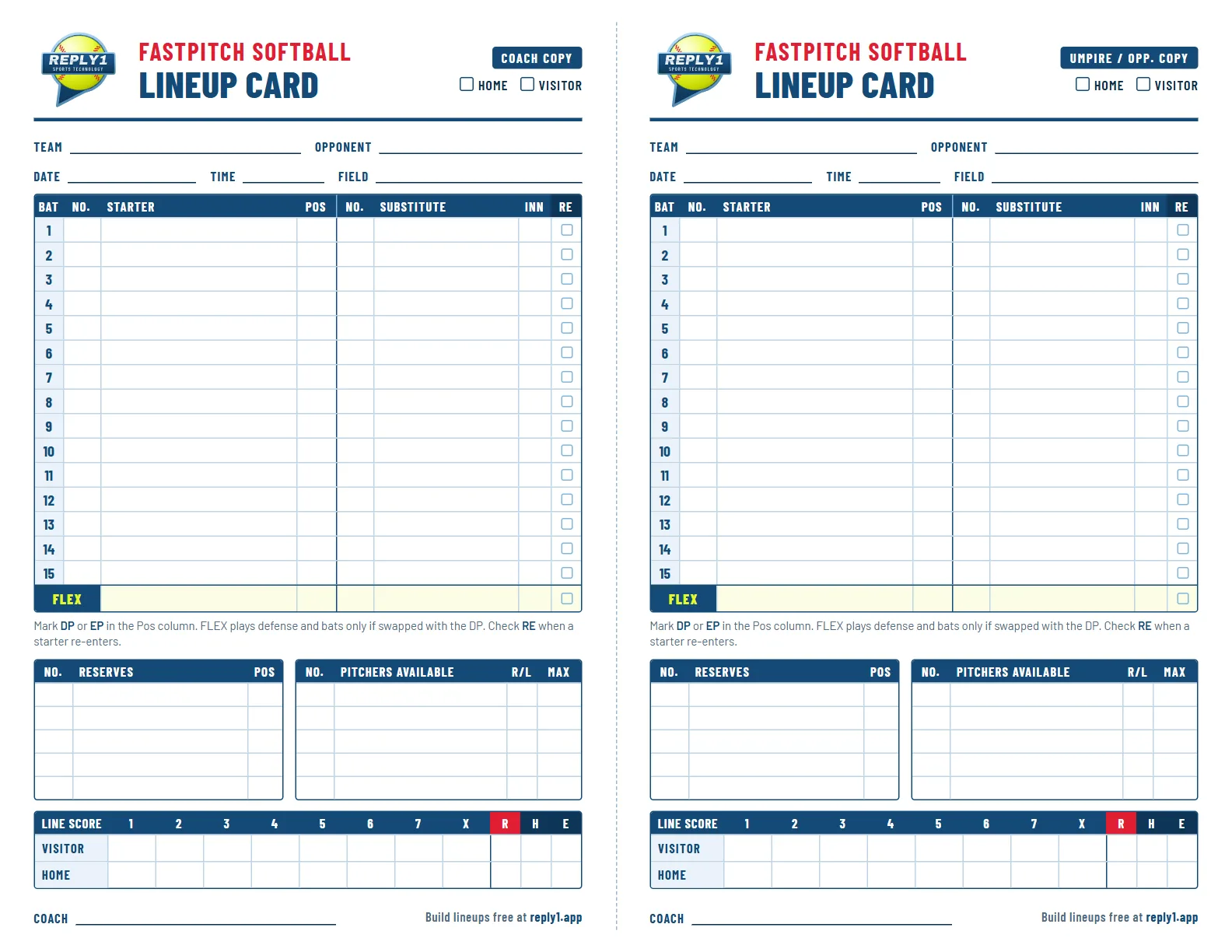Fastpitch softball lineup card: two copies side by side with a 15-row batting order, FLEX row, re-entry boxes, reserves, pitchers and a seven-inning line score