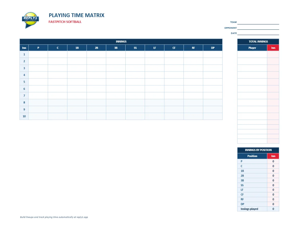 Fastpitch softball playing time matrix workbook: the Playing Time sheet with its innings grid, DP column, total innings list and innings by position