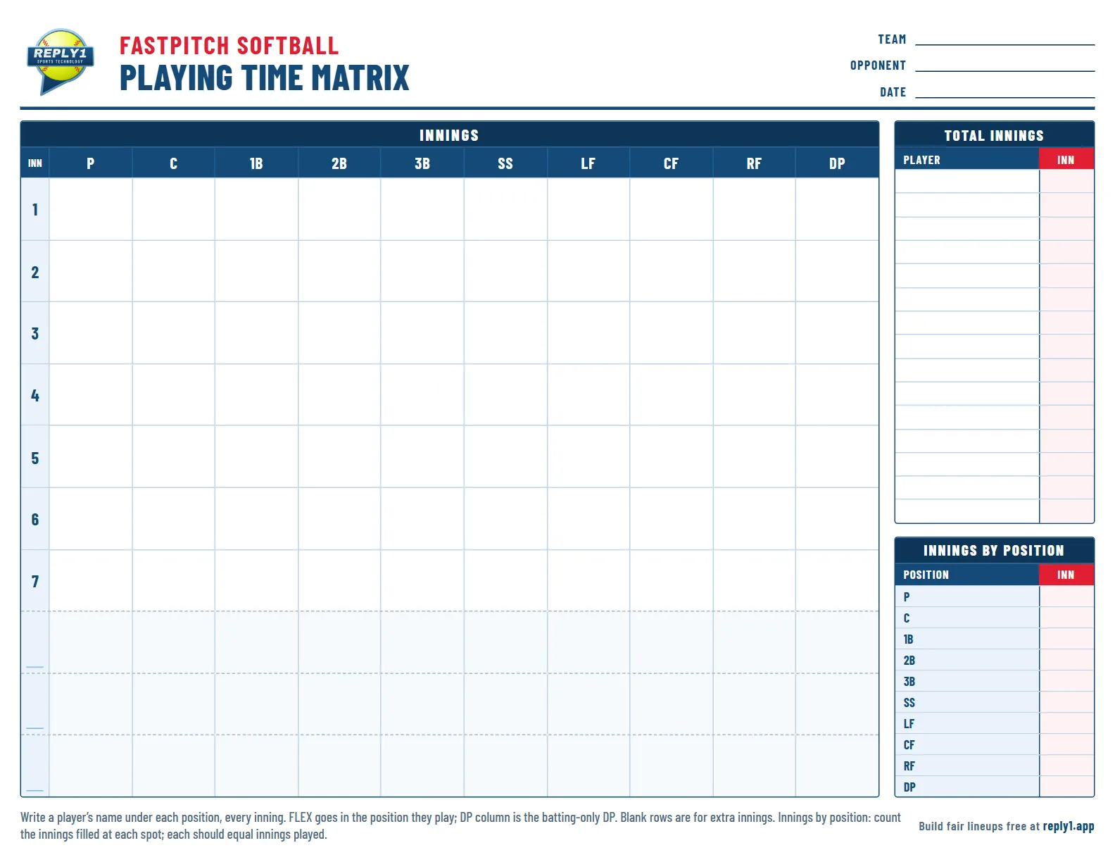 Fastpitch softball playing time matrix: an innings-by-positions grid with a DP column, a total-innings list and an innings-by-position tally