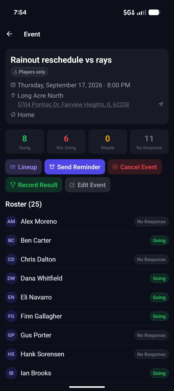 Reply1 event screen: game details with a map link, counts for Going, Not Going, Maybe and No Response, buttons for Lineup, Send Reminder, Cancel Event, Record Result and Edit Event, and the roster with each player's RSVP.