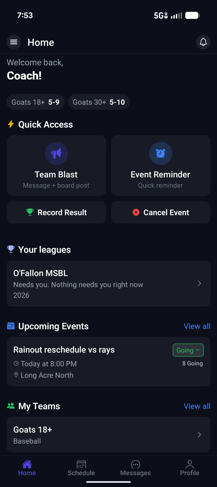 Reply1 app home screen for a coach who is also a league operator: the league appears under Your leagues with what needs attention.