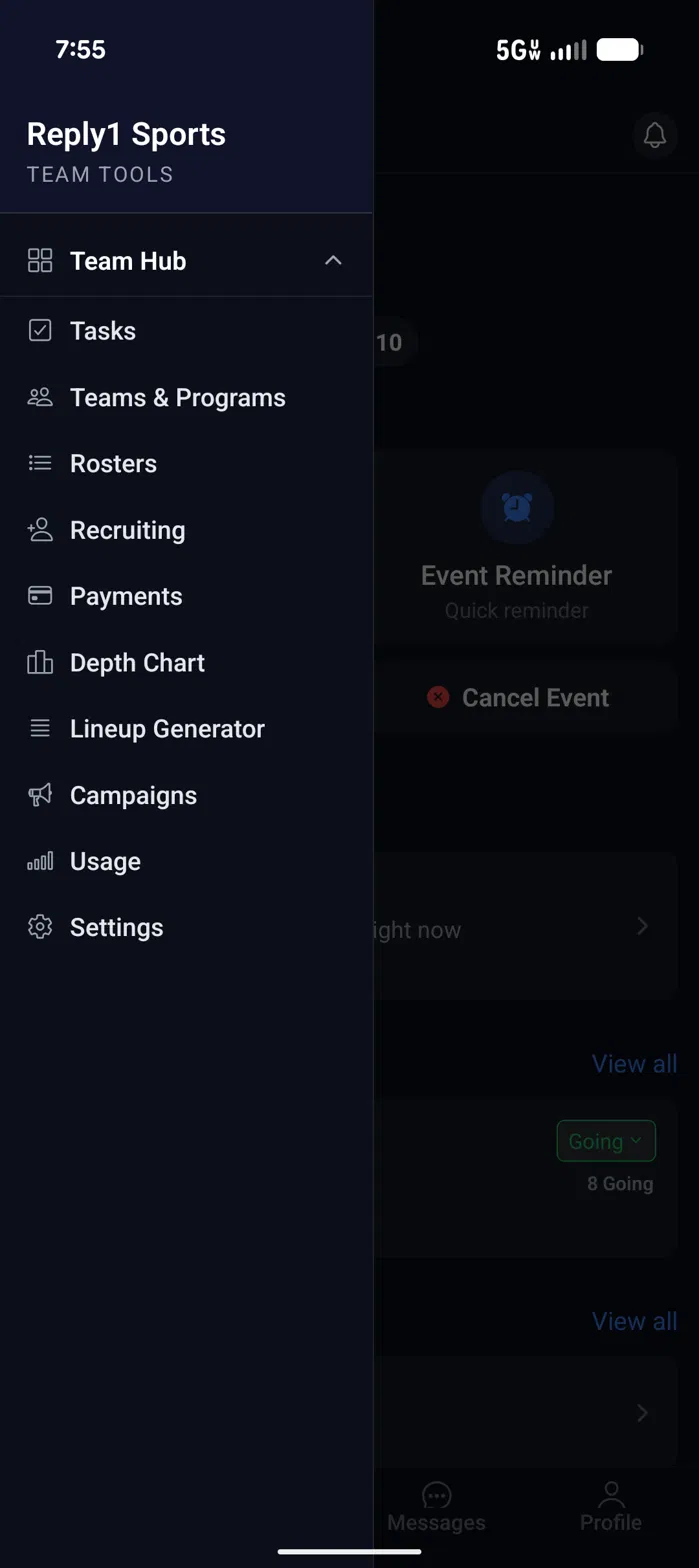 Reply1 app menu: Tasks, Teams and Programs, Rosters, Recruiting, Payments, Depth Chart, Lineup Generator, Campaigns, Usage and Settings.