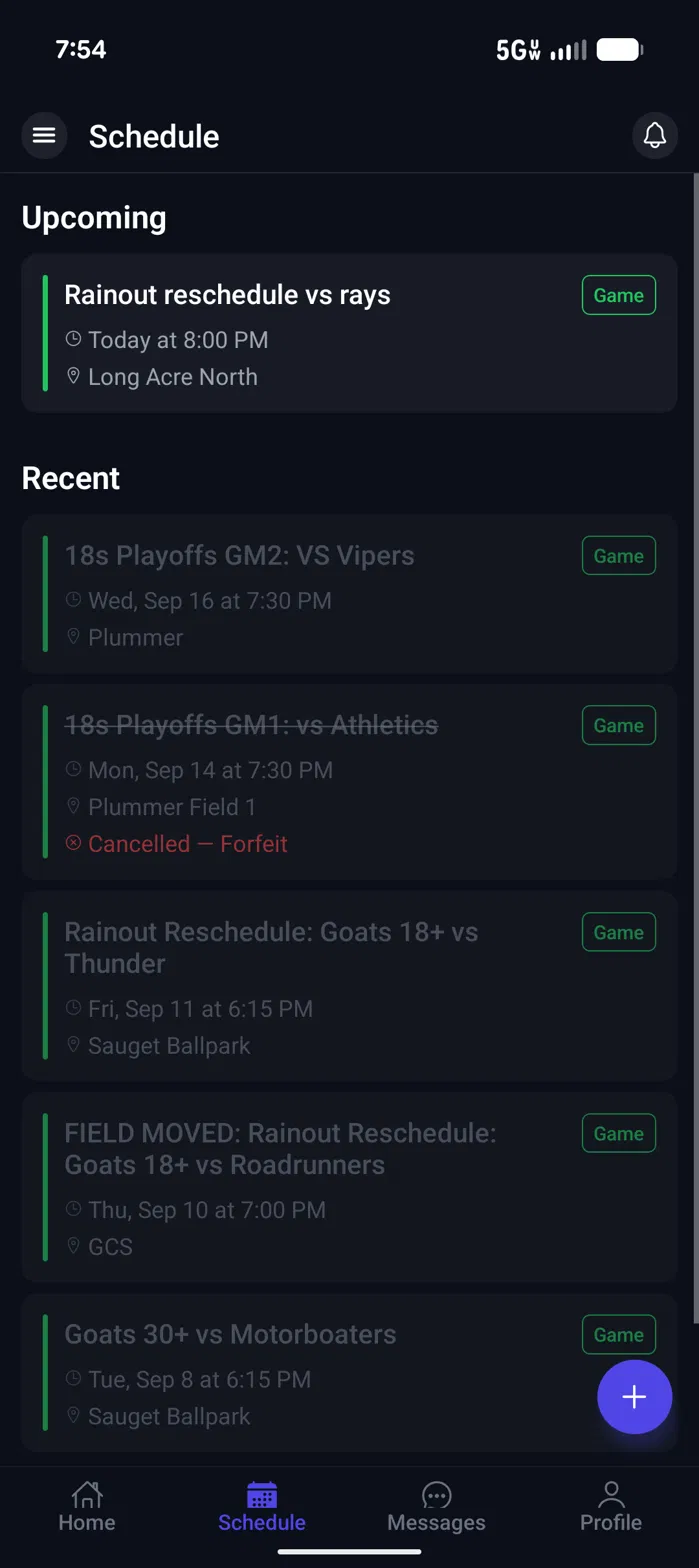 Reply1 schedule screen: tonight's game under Upcoming and recent games below, including one marked Cancelled — Forfeit.