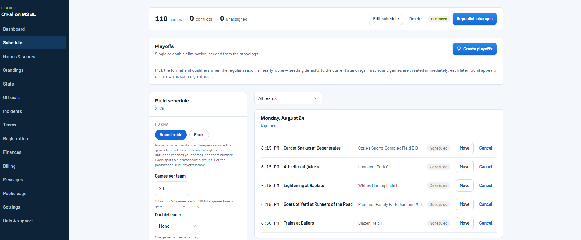 Reply1 league schedule builder: 110 games, 0 conflicts, 0 unassigned, a published schedule by day with Move and Cancel on each game, round robin or pools, games per team, doubleheaders and constraints, and a Create playoffs panel.