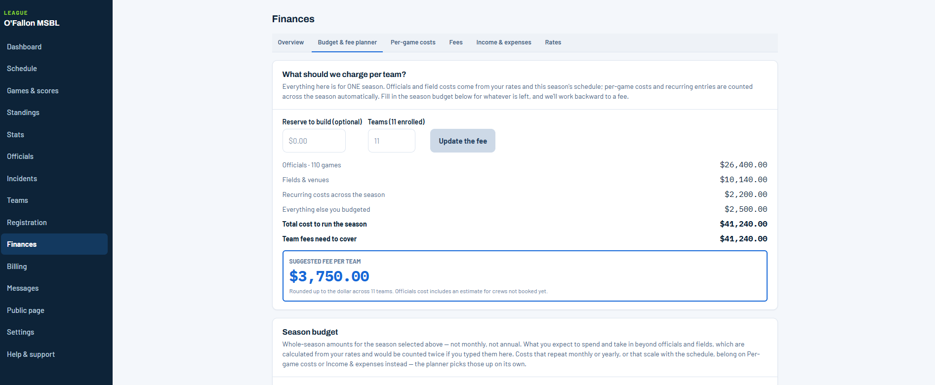Reply1 league Finances, Budget and fee planner: officials, fields and venues, recurring costs and everything else budgeted add up to the total cost to run the season, with a suggested fee per team.