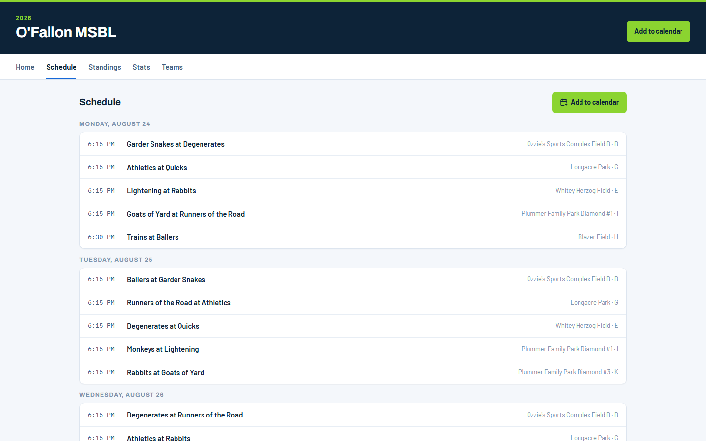 A league's public Reply1 site on a desktop browser: the season schedule by day with each game's time, matchup and field, tabs for Home, Schedule, Standings, Stats and Teams, and an Add to calendar button.