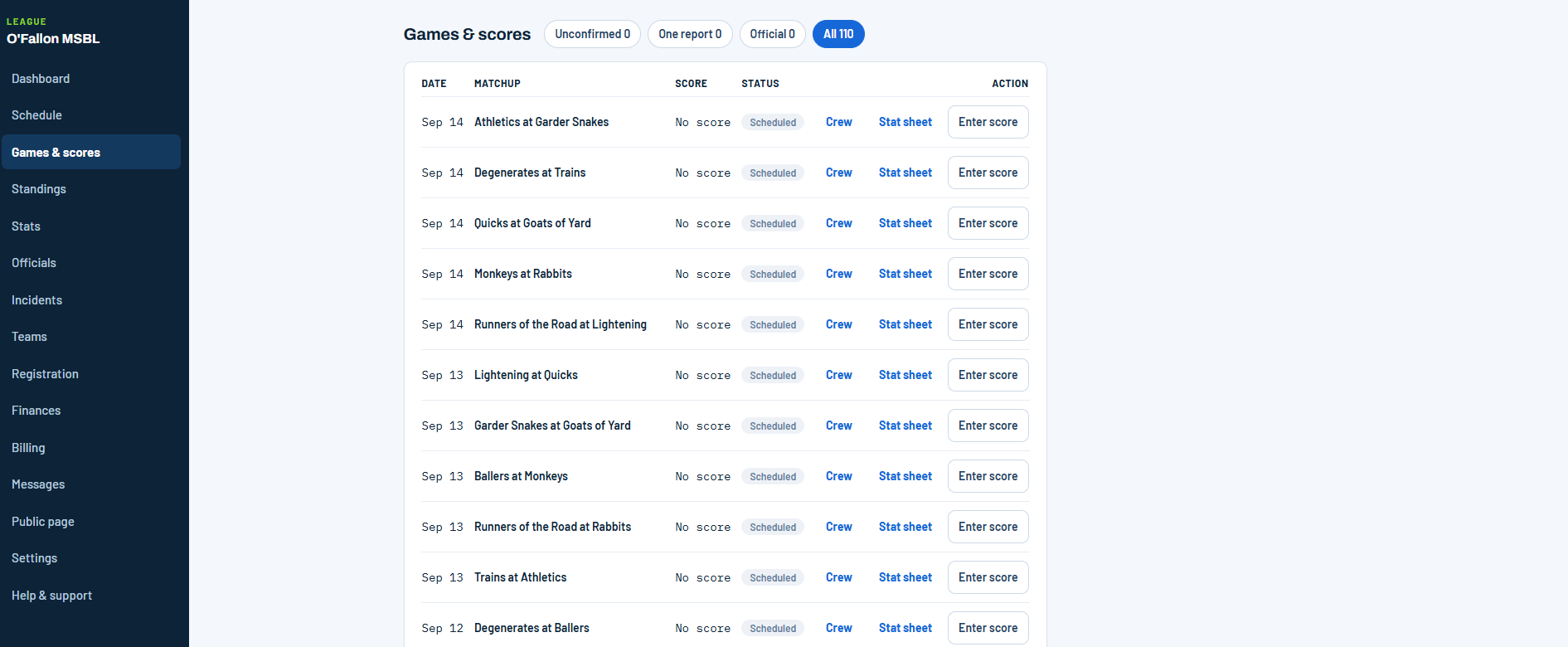 Reply1 Games and scores page: every game with its date, matchup, score and status, filters for Unconfirmed, One report, Official and All, and Crew, Stat sheet and Enter score on each row.